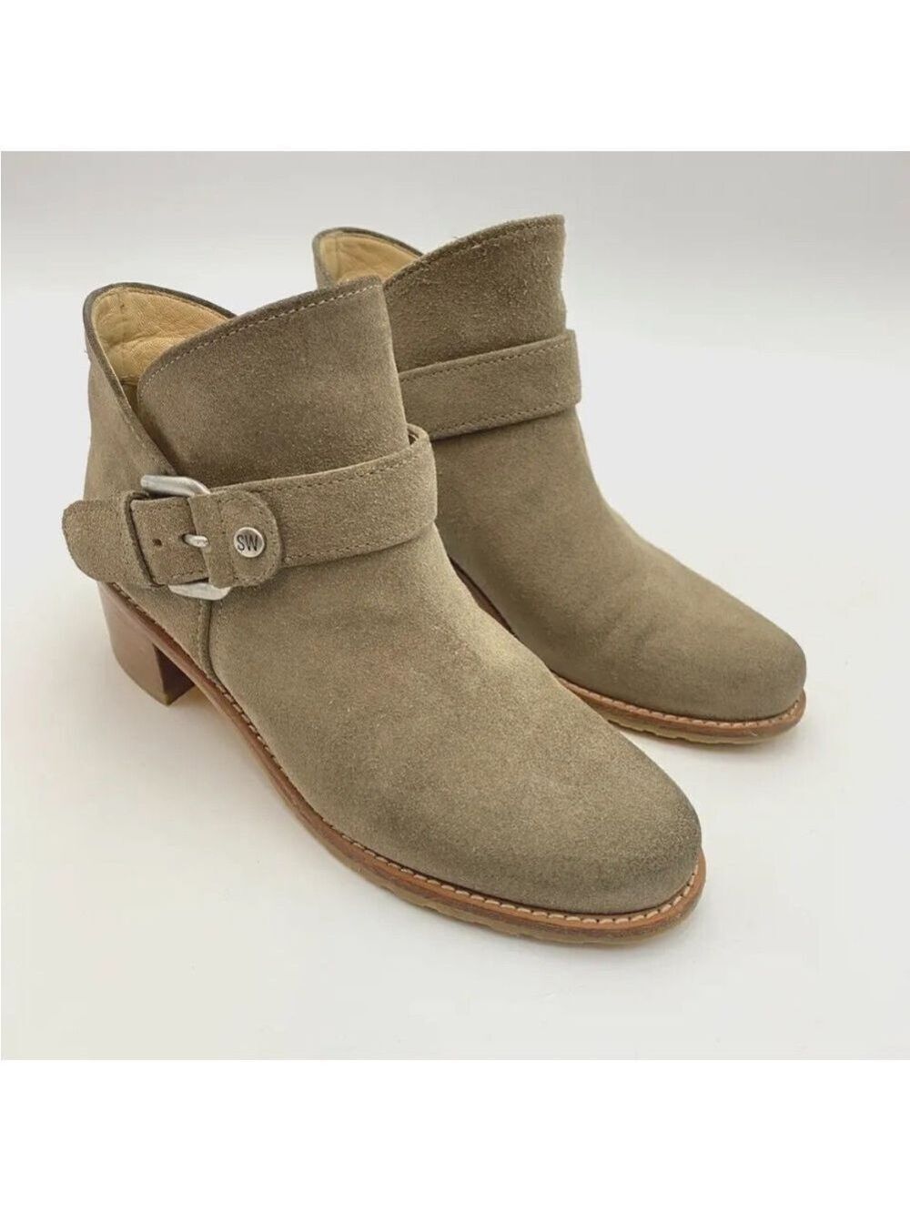 STUART Weitzman Dude Suede Bootie Boots in Neutral Size 4.5M Block Heels